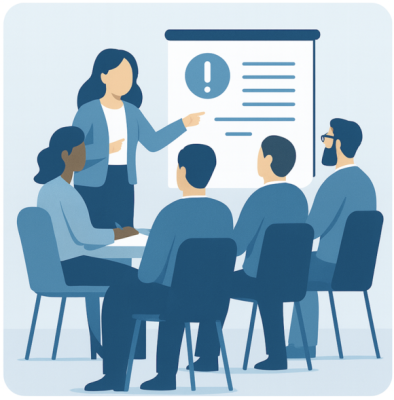 Illustration einer Schulungssituation mit Präsentation und Teilnehmern im Meetingraum.