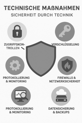 Grafik „Technische Maßnahmen“ (Zugriffskontrollen, Verschlüsselung, Monitoring, Firewalls, Backups)