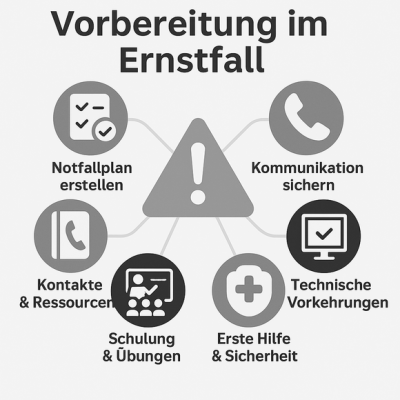 Grafik „Vorbereitung im Ernstfall“ (Notfallplan, Kommunikation, Vorkehrungen, Schulungen etc.)