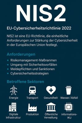 Infografik zur NIS2-Richtlinie der EU mit Anforderungen und betroffenen Sektoren der Cybersicherheit.