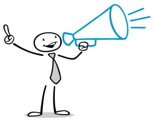 Illustration einer Figur mit Megafon, die eine Botschaft verkündet.