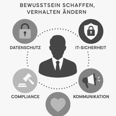 Grafik „Bewusstsein schaffen“ (Themen: Datenschutz, IT-Sicherheit, Compliance, Kommunikation)