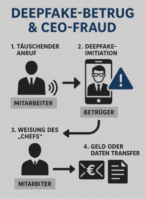 Grafik – Ablauf von Deepfake-Betrug (Chef imitiert, Mitarbeiter getäuscht)