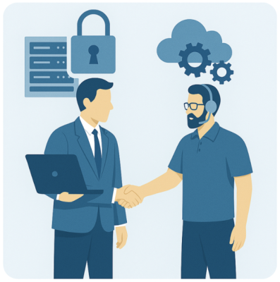 Illustration zweier Personen im Handschlag mit Symbolen für IT-Sicherheit und Support.